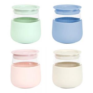 VASO DE VIDRIO DE BOROSILICATO CON MANGA DE SILICON Y TAPA DE PLASTICO. CAPACIDAD 380ML