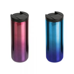 TERMO DOBLE PARED DE ACERO INOXIDABLE CON TAPA PLASTICA, CON CUERPO EN COLORES DEGRADADOS. CAPACIDAD 500ML
