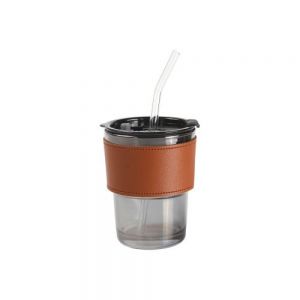 VASO DE VIDRIO TRANSLUCIDO CON MANGA DE POLIURETANO Y POPOTE DE VIDRIO. 350ML. INCLUYE CAJA DE CARTON INDIVIDUAL