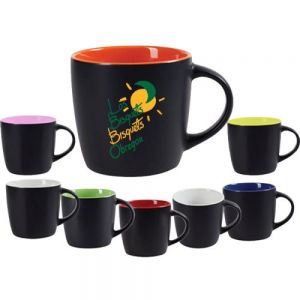 TAZA BICOLOR    11 OZ LUCIANA arro de cerámica con recubrimiento mate en color negro, interior brillante en color. CAP. 11 OZ. Venta en múltiplos de 12